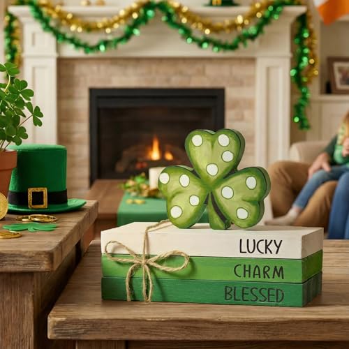 Smile St. Patrick's Day Wooden Decor Blocks LUCKY CHARM BLESSED Shamrock, Tabletop Shelf Wood Sign for Home Office Holiday Lucky Decoration - style: St. Shamrock