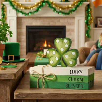 Smile St. Patrick's Day Wooden Decor Blocks LUCKY CHARM BLESSED Shamrock, Tabletop Shelf Wood Sign for Home Office Holiday Lucky Decoration - style: St. Shamrock