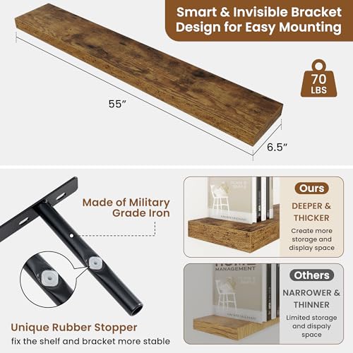 Floating Shelves for Wall, Wall Mounted Wood Shelves, Brown, Set of 2, 55in - color: Rustic Brown, size: 55"W x 6.5"D , 2 Pack