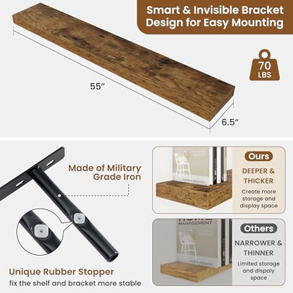 Floating Shelves for Wall, Wall Mounted Wood Shelves, Brown, Set of 2, 55in - color: Rustic Brown, size: 55"W x 6.5"D , 2 Pack