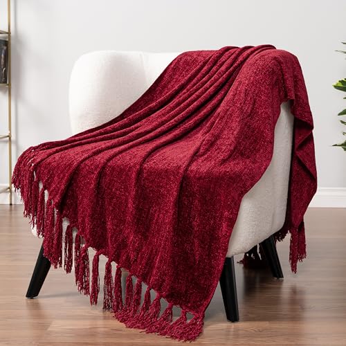 PAVILIA Chenille Throw Blanket Knit Sofa Couch Tassel Throw, Wine Red 50x60 - color: Red, size: 50 X 60 Inches - Throw