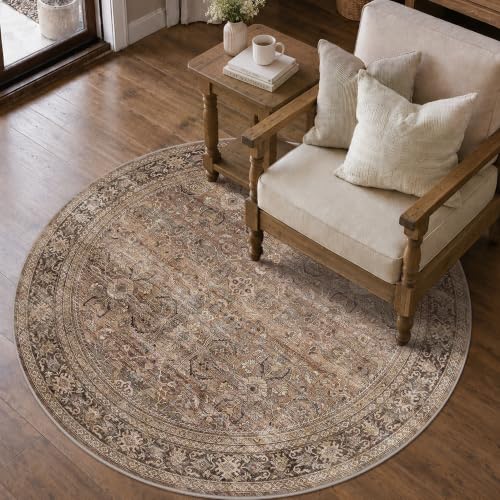 Schweek 4ft Round Rug Brown Washable Non-Slip Circle Rugs Neutral Area Rug - color: Brown, size: 4' (Round)