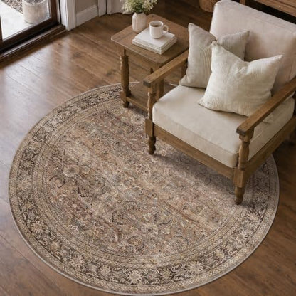 Schweek 4ft Round Rug Brown Washable Non-Slip Circle Rugs Neutral Area Rug - color: Brown, size: 4' (Round)