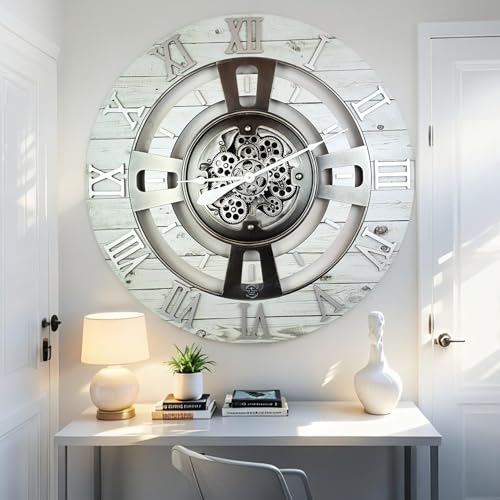 ImprovingLife The Gears Clock Real Moving Gear Wall Clock England Line (White Farmhouse, 24 inches (60 cm)) - color: White Farmhouse, size: 24 inches (60 cm)