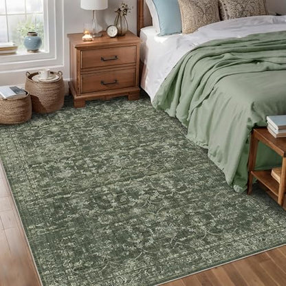 5x7 Washable Bedroom Area Rug Non-Slip Retro Dark Green Throw Carpet - color: Dark Green, size: 5' x 7' (Rectangular)