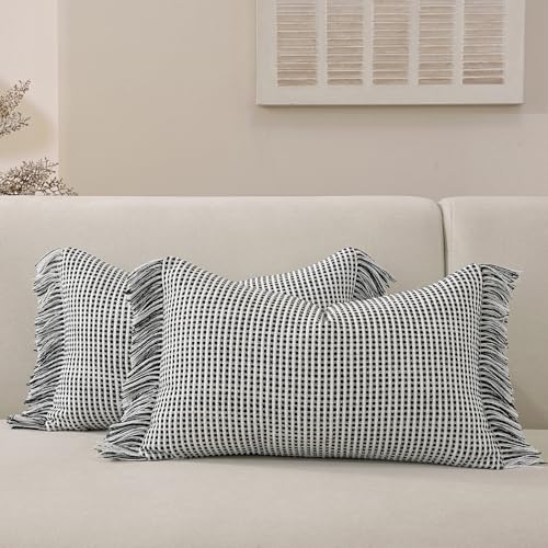 Handmade Tassel Boho Striped Fringe Pillow Covers Set of 2-20x12 Inch - color: Black, size: 20" x 12" (Pack of 2)
