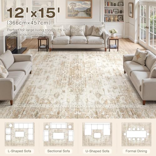 12x15 Area Rug: Washable Neutral Large Beige Rugs for Living Room - color: Beige, size: 12' x 15' (Rectangular)