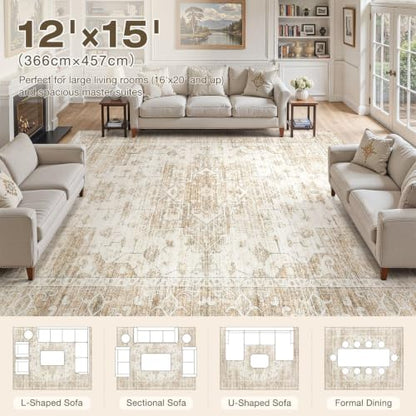 12x15 Area Rug: Washable Neutral Large Beige Rugs for Living Room - color: Beige, size: 12' x 15' (Rectangular)