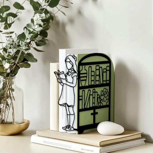 Peacoblue 5.5"x4.3"x8.3" Metal Bookends, Heavy Duty Book Ends for Shelves - style: Book and Reading Girl