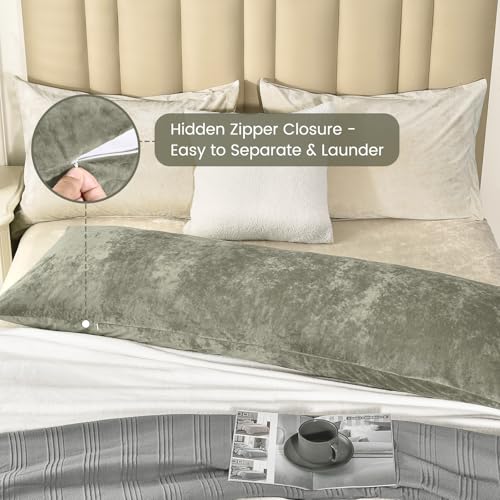 PHF Truly Velvet Zippered Body Pillowcase, No Insert, 1 Pack Ultra Soft Breathable Pillow Sham Cover with Zipper, 20"X 54" Long Luxury Cozy Warm Fuzzy Flannel Body Pillow Case, Smokey Olive - color: Smokey Olive, size: 54" x 20" (Pack of 1)