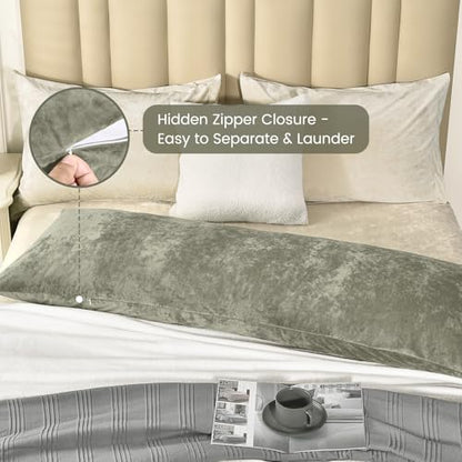 PHF Truly Velvet Zippered Body Pillowcase, No Insert, 1 Pack Ultra Soft Breathable Pillow Sham Cover with Zipper, 20"X 54" Long Luxury Cozy Warm Fuzzy Flannel Body Pillow Case, Smokey Olive - color: Smokey Olive, size: 54" x 20" (Pack of 1)