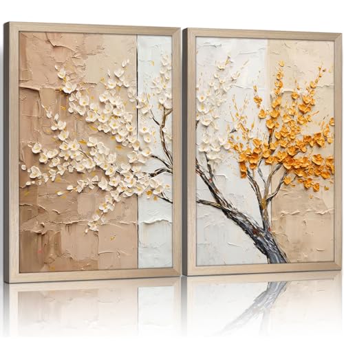 Framed 3D Floral Wall Art Beige Abstract Tree with White Yellow Flower Accents Decorative Print Poster Gallery Style Artwork for Living Room Bedroom Modern Wall Decor 12x16 Inches Set of 2 Ready to Hang - color: 3D Flowering Tree, size: 12x16in