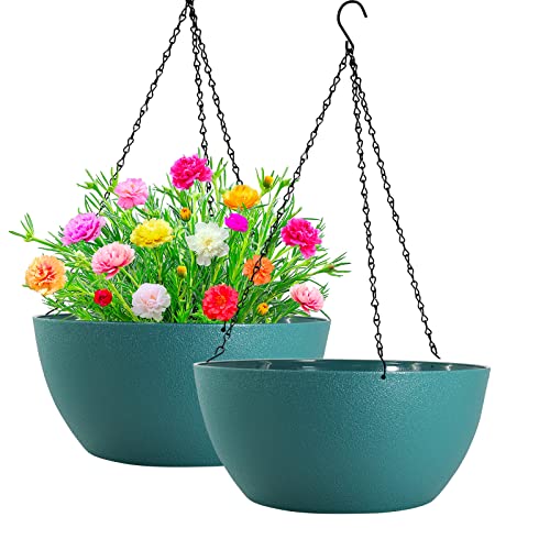 WOUSIWER 13 inch 2 Pack Large Hanging Planters for Indoor Outdoor Plants with Drainage Holes and Chain, Round Hanging Flower Pots for Garden Home Porch Decor, Myrtle Green - color: Myrtle Green