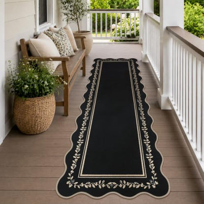 Rugalia Scalloped Easy Jute Kitchen Runner Rug 2x6 Black Hallway Rugs - color: Black Floral, size: 2' x 6' (Runner)