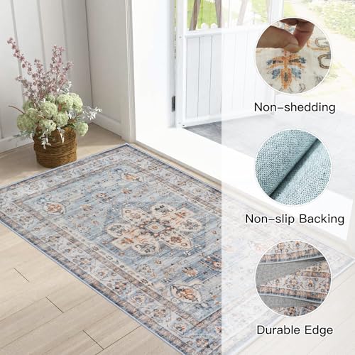 Washable Hallway Runner Rug 2x3: Living Room Rug Farmhouse Distressed Mat - color: Blue, size: 2' x 3' (Rectangular)