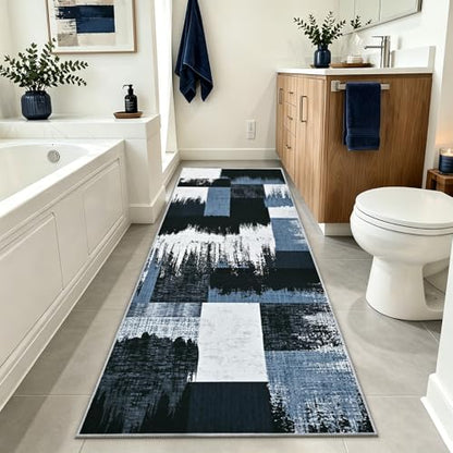 Yinhua Geometric Runner Rug 2x7 Modern Hallway Runner Rugs Low Pile Washable Rugs Non Slip, Soft Faux Wool Area Rug for Bedroom, Kitchen, Laundry, Bathroom, Blue and Gray Carpet No Shedding - color: Blue and Gray, size: 2' x 7'
