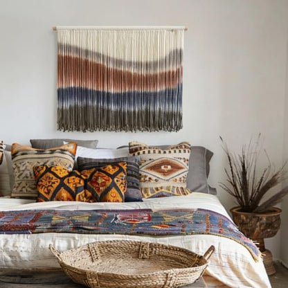 Flber Macrame Wall Hanging Blue Dip Dye for Bedroom 27" W x 19" L - color: Brown and Blue, size: 27"W*19"L