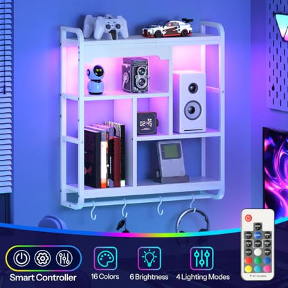 HOOBRO Gaming Floating Shelves for Wall, 26.4" LED wall Shelf Display Rack - color: White