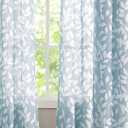 Blue White Leaf Semi Sheer Curtains for Kitchen Window Panels 52x54"L 2pcs - color: Blue, size: 52"W x 54"L (Pack of 2)