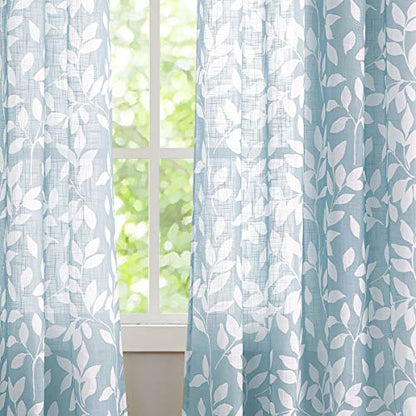 Blue White Leaf Semi Sheer Curtains for Kitchen Window Panels 52x54"L 2pcs - color: Blue, size: 52"W x 54"L (Pack of 2)