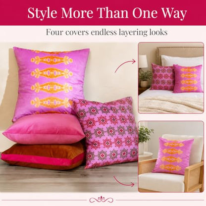Pink Patterned Decorative Throw Pillow Covers, Set of 4, 18x18 Inch Bold Boho Accent Pillow Cover 4 Pack - color: Pink
