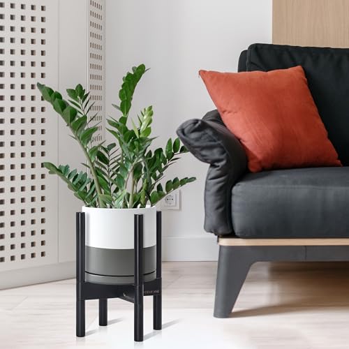 D'vine Dev Ceramic Pot with Ebony Wood Stand, White/Grey, 8 in, 55-B-M-6 - color: White/Grey Pot + Ebony Stand, size: 8 Inch