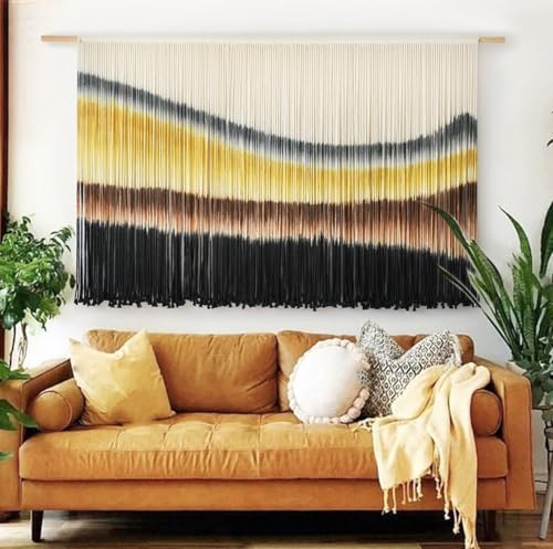 Flber Large Macrame Wall Hanging Yellow Tie-Dye Macrame Yarn Wall Decor Scale Tapestry Living Room Wall Decor 57" Wx 35" L - color: Yellow