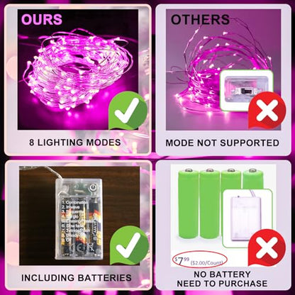 Pink Fairy Lights Battery Operated (Included), 8 Modes & Auto Timer, 16FT 50Led Mini Twinkle Silver Wire Firefly Starry Lights, Waterproof Battery Operated Lights for Mason Jars Wedding Party - color: Pink, size: 1 Pack - Batteries Included