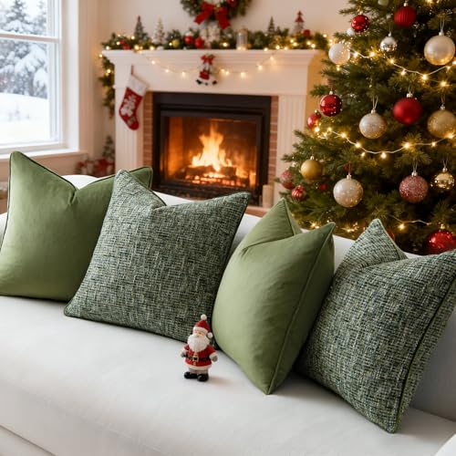 a moment Dark Green 4 Pack Throw Pillow Covers - Chenille & Velvet Set with Piping, Farmhouse Textured Design Cushion Cases for Couch Sofa Bed (20x20 Inch, No Insert) - color: Dark Green, size: 20" x 20" (Pack of 4)