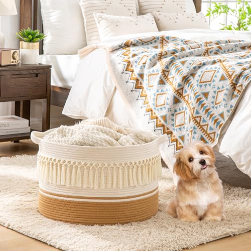 KAKAMAY Large Blanket Basket (20"x13"),Woven Baskets for storage Baby Laundry Hamper, Cotton Rope Blanket Basket for Living Room, Laundry, Nursery, Pillows, Baby Toy chest (White Fringe) - color: White Fringe