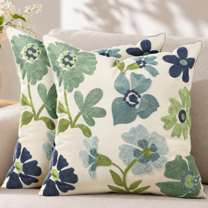 Embroidered Throw Pillow Covers 18x18 Inch, Set of 2, Teal Flower - color: Teal Flower, size: 18" x 18" (Pack of 2)