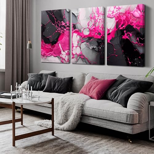 Black and Pink Abstract Wall Art for Office - Modern Art Wall Decor Living Room - Large 3 Piece Canvas Wall Art for Bedroom Size 24" x 36" - color: Black and Pink, size: 36"L x 24"W x 3 PCS Print