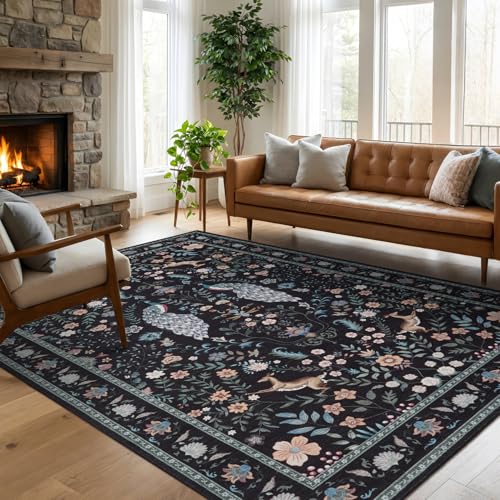 Garvee Floral 5x7 Area Rugs Washable Living Room Rug Entryway Rug Black - color: Black, size: 5' x 7' (Rectangular)