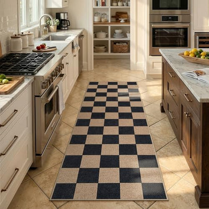 Lahome Checkered Easy Jute Outdoor Runner Rug, 2x6 Kitchen Rugs Washable - color: Black/Checkerboard -1, size: 2' x 6' (Runner)
