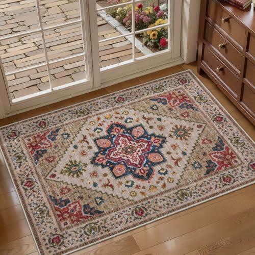 Tangsoo Vintage Small Area Rug, 2x3 Washable Rugs for Entryway Non Slip - color: Beige/Red, size: 2' X 3' (Rectangular)