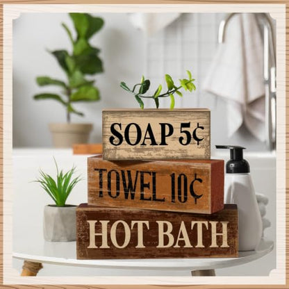 Moucuny 4 Pcs Rustic Bathroom Shelf Decor Wooden Block Signs, Farmhouse - style: Bathroom Price List