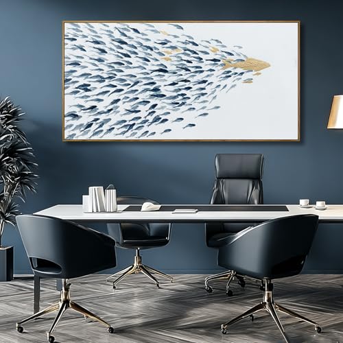 Minimalist Framed Wall Art Fish Animal Ocean Blue Gold Modern Canvas Prints 29"x58" Large Pictures Artwork for Living Room Kitchen Wall Art Decor - color: Blue, size: 58"L x 29"W