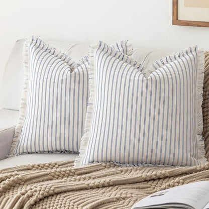 YEENAASY Throw Pillow Covers 24x24 Boho Striped Pillow Cases with Tassel - color: Blue, size: 24" x 24" (Pack of 2)