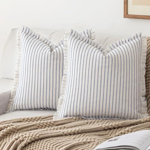 YEENAASY Throw Pillow Covers 20x20 Boho Striped Pillow Cases with Tassel - color: Blue, size: 20" x 20" (Pack of 2)