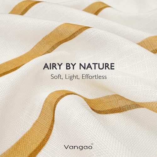 Vangao Striped Curtains Yellow on White Semi Sheer Curtains 63 Inches Long - color: Shadow Striped| Mustard Yellow on Off White, size: 50"W x 63"L (Pack of 2)