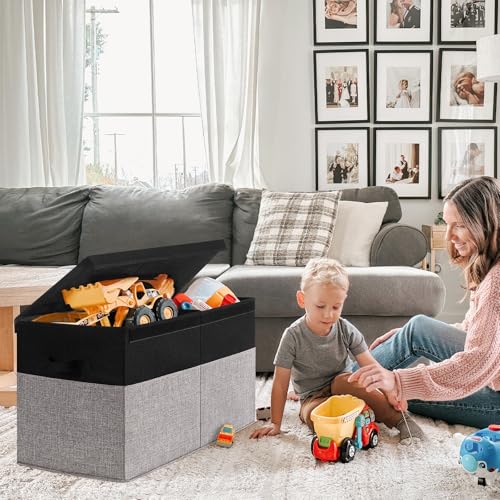 INDRESSME 85L Large Toy Storage Box with Lid Collapsible Organizer Bin - color: Black & Grey, size: 25"x13"x16"