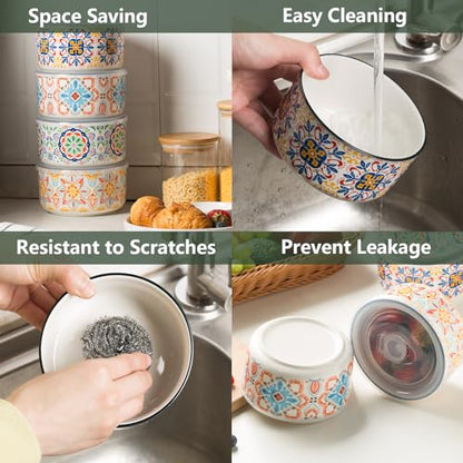 Ceramic Bowl with Lid, Microwave Safe, Set of 4 - color: Color B - Set of 4
