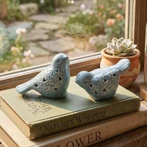 Ceramic Bird Figurines Set of 2, Blue Birds Shelf Decor