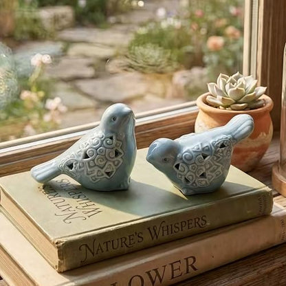 Ceramic Bird Figurines Set of 2, Blue Birds Shelf Decor