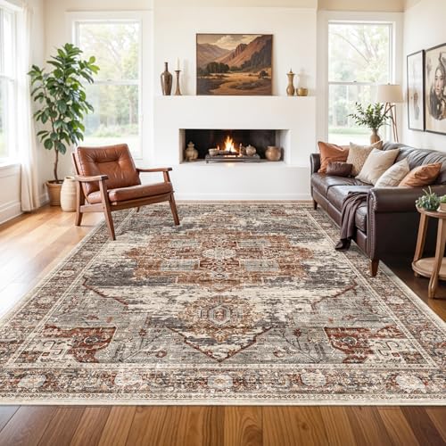 RUUGME Washable 8x10 Area Rugs - Large Rugs for Living Room Stain Resistant Carpet Vintage Rugs for Bedroom with Non Slip Backing Home Decor Floor Decoration Mat (8x10 Brick) - color: Brick, size: 8' x 10' (Rectangular)