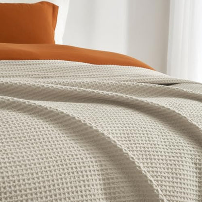 PHF 100% Cotton Waffle Throw Blanket Lightweight Breathable, Linen/Stone - color: Linen/Stone, size: Throw(50" x 60")