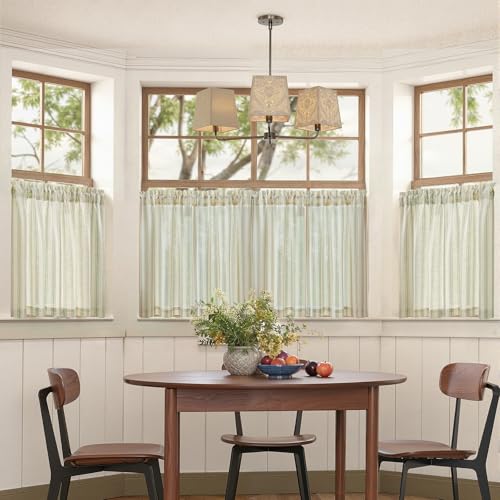 jinchan Linen Striped Tier Curtains for Kitchen Windows Farmhouse - color: Striped Green | on Beige, size: 26"W x 24"L (Pack of 2)