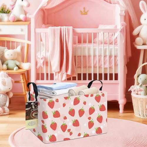 Rectangle Foldable Storage Basket Handles For Home, Pink Strawberry - color: REC-Pink Strawberry