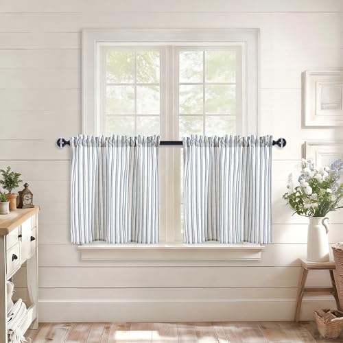 JIUZHEN Striped Linen Kitchen Curtains 2 Panels - Short Tier Drapes with Rod Pocket, Farmhouse Cafe Curtains for Small Windows 24 Inch Length, Vertical Striped Blue - color: Vertical Striped Blue, size: 26"W x 24"L (Pack of 2)