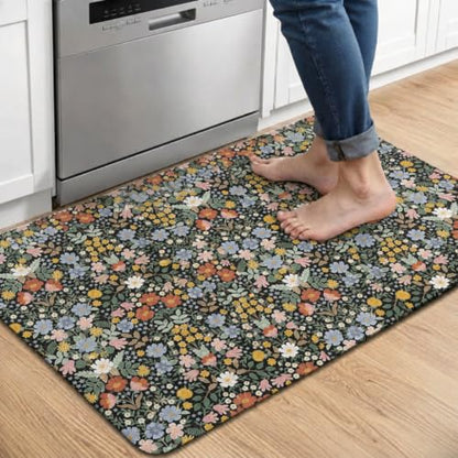 Kitchen Floor Mat 36x20in Waterproof Anti-Fatigue Kitchen Mats - color: Black Flower Clusters